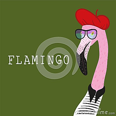 Portrait of Hipster flamingo in a fun neon glasses Vector Illustration